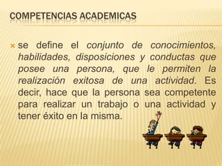 COMPETENCIAS ACADEMICAS

   se define el conjunto de conocimientos,
    habilidades, disposiciones y conductas que
    posee una persona, que le permiten la
    realización exitosa de una actividad. Es
    decir, hace que la persona sea competente
    para realizar un trabajo o una actividad y
    tener éxito en la misma.
 