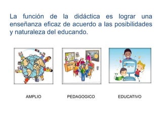 La función de la didáctica es lograr una
enseñanza eficaz de acuerdo a las posibilidades
y naturaleza del educando.
AMPLIO PEDAGOGICO EDUCATIVO
 