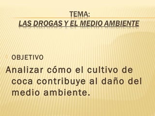  OBJETIVO 
Analizar cómo el cultivo de 
coca contribuye al daño del 
medio ambiente. 
 