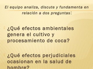 El equipo analiza, discute y fundamenta en 
relación a dos preguntas: 
 ¿Qué efectos ambientales 
genera el cultivo y 
procesamiento de coca? 
 ¿Qué efectos perjudiciales 
ocasionan en la salud de 
hombre? 
