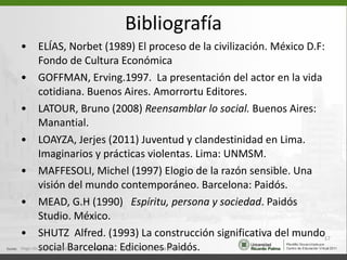 Bibliografía ELÍAS, Norbet (1989) El proceso de la civilización. México D.F: Fondo de Cultura Económica GOFFMAN, Erving.1997.  La presentación del actor en la vida cotidiana. Buenos Aires. Amorrortu Editores. LATOUR, Bruno  ( 2008)  Reensamblar lo social.  Buenos Aires: Manantial.  LOAYZA, Jerjes (2011) Juventud y clandestinidad en Lima. Imaginarios y prácticas violentas. Lima: UNMSM. MAFFESOLI, Michel (1997) Elogio de la razón sensible. Una visión del mundo contemporáneo. Barcelona: Paidós. MEAD, G.H (1990)  Espíritu, persona y sociedad . Paidós Studio. México. SHUTZ  Alfred. (1993) La construcción significativa del mundo social Barcelona: Ediciones Paidós.  Haga clic aquí para modificar. Haga clic aquí para modificar. 