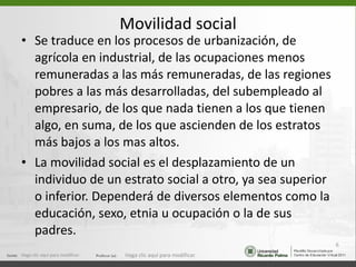 Movilidad social Se traduce en los procesos de urbanización, de agrícola en industrial, de las ocupaciones menos remuneradas a las más remuneradas, de las regiones pobres a las más desarrolladas, del subempleado al empresario, de los que nada tienen a los que tienen algo, en suma, de los que ascienden de los estratos más bajos a los mas altos.  La movilidad social es el desplazamiento de un individuo de un estrato social a otro, ya sea superior o inferior. Dependerá de diversos elementos como la educación, sexo, etnia u ocupación o la de sus padres. Haga clic aquí para modificar. Haga clic aquí para modificar. 