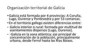 Organización territorial de Galicia
•Galicia está formada por 4 provincias: A Coruña,
Lugo, Ourense y Pontevedra y por 53 comarcas.
•En el territorio gallego existen diferencias entre:
- Galicia interior o rural: formada por multitud de
asentamientos dispersos (Lugo, Ourense).
- -Galicia en la zona atlántica: eje principal de
concentración de la población, principalmente
urbana, desde Ferrol hasta las Rías Baixas.
 