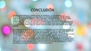 LOS VALORES MORALES, ENTRE ELLOS, EL RESPETO, LA TOLERANCIA, LA
HONESTIDAD, EL TRABAJO, LA LEALTAD Y LA RESPONSABILIDAD, ENTRE OTROS,
SURGIRÁN Y SE INCULCARÁN A CADA PERSONA, PRIMORDIALMENTE, EN EL SENO
FAMILIAR, POR LO CUAL LAS RELACIONES CON EL PADRE, LA MADRE, LOS
HERMANOS, LOS ABUELOS, LOS TÍOS Y TODOS AQUELLOS OTROS INVOLUCRADOS EN
EL SENO FAMILIAR, DEBEN CONTAR CON LA CALIDAD ADECUADA, PARA SER ESTOS
CORRECTOS TRANSMISORES DE TODOS ESOS VALORES QUE MENCIONÁBAMOS MÁS
ARRIBA.
EL AGENTE SOCIALIZADOR FUNDAMENTAL EN MATERIA DE VALORES, SIN DUDAS, LO
ES LA ESCUELA, ALLÍ, EL NIÑO PASA MUCHO TIEMPO Y POR LO QUE SERÁ RECEPTOR
DE UN SINFÍN DE MODELOS DE COMPORTAMIENTO, ENTONCES, RESULTA
IMPRESCINDIBLE TAMBIÉN EN ESTE ESTADIO EL EJEMPLO QUE LOS MAESTROS LE DEN
A LOS NIÑOS Y REFORZAR AQUELLA CALIDAD MORAL QUE LA FAMILIA LE HA
INCULCADO AL NIÑO, PORQUE LUEGO CON TODO ESTE BAGAJE DE INFORMACIÓN
MORAL, EL NIÑO SE INSERTARÁ EN UN TODO SOCIAL Y OBVIAMENTE DE HABER SIDO
ADECUADA LA INCULCACIÓN DE VALORES MORALES, EL INDIVIDUO CONTRIBUIRÁ A
DIFUNDIR EL BIEN DENTRO DE LA SOCIEDAD EN LA CUAL SE DESARROLLA Y VIVE,
HACIÉNDOLA A ESTA MÁS GRANDE E INDESTRUCTIBLE.
CONCLUSIÓN
 