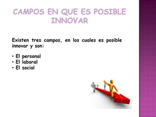 Existen tres campos, en los cuales es posible
innovar y son:

• El personal
• El laboral
• El social
 