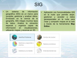 SIG
• Un sistema de información
geográfica (SIG) es un marco para
recopilar, gestionar y analizar datos.
Enraizado en la ciencia de la
geografía, SIG integra muchos tipos
de datos. Analiza la ubicación
espacial y organiza capas de
información en visualizaciones,
utilizando mapas y escenas en 3D.
• Aplicación con funcionalidades GIS
en la nube que permite alojar,
gestionar y acceder a datos
geoespaciales en la nube para
crear y compartir mapas en la web
a través de la herramienta Map
Editor.
 