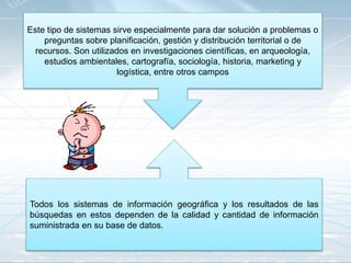 Este tipo de sistemas sirve especialmente para dar solución a problemas o
preguntas sobre planificación, gestión y distribución territorial o de
recursos. Son utilizados en investigaciones científicas, en arqueología,
estudios ambientales, cartografía, sociología, historia, marketing y
logística, entre otros campos
Todos los sistemas de información geográfica y los resultados de las
búsquedas en estos dependen de la calidad y cantidad de información
suministrada en su base de datos.
 