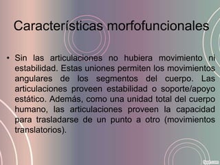 Características morfofuncionales

• Sin las articulaciones no hubiera movimiento ni
  estabilidad. Estas uniones permiten los movimientos
  angulares de los segmentos del cuerpo. Las
  articulaciones proveen estabilidad o soporte/apoyo
  estático. Además, como una unidad total del cuerpo
  humano, las articulaciones proveen la capacidad
  para trasladarse de un punto a otro (movimientos
  translatorios).
 