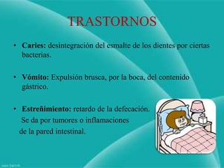 TRASTORNOS
• Caries: desintegración del esmalte de los dientes por ciertas
  bacterias.

• Vómito: Expulsión brusca, por la boca, del contenido
  gástrico.

• Estreñimiento: retardo de la defecación.
   Se da por tumores o inflamaciones
  de la pared intestinal.
 