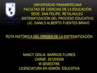 UNIVERSIDAD PANAMERICANA
FACULTAD DE CIENCIAS DE LA EDUCACIÓN
SEDE, SAN FELIPE, RETALHULEU
SISTEMATIZACIÓN DEL PROCESO EDUCATIVO
LIC. DANILO ALBERTO FUENTES BRAVO
RUTA HISTÓRICA DEL ORIGEN DE LA SISTEMATIZACIÓN
NANCY ODILIA BARRIOS FLORES
CARNÉ: 201205558
III SEMESTRE
LICENCIATURA EN ADMÓN. EDUCATIVA
 