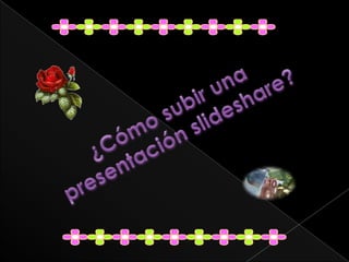 .  Si no tienes cuenta en slideshare, debes crear una, entrando a la pág. www.slideshare.net2.    Después de crearla debes entrar a la cuenta editando tu username y  pasdword.3. Cuando accedas a la página de slideshare, entre las pestañas que aparecen, seleccionar la opción que dice upload.4. Selecciona la opción de browse and select files.5. Seleccione un archivo y luego open.6. Llena los espacios en blanco con la información correspondiente. Luego presioné publish.7. Para ver el estatus de la presentación en slideshare, presione here.8. Aquí podrás ver el estatus de la presentación en slideshare.9. Para ver la presentación, presiona slideshows.10. Aquí podrás ver una vista de tus presentaciones. Presione sobre alguna presentación para verla con más detalle. 11. Aquí podrás ver la presentación que escogiste. Además aparece el código embed para poder publicarla e sitios como blogs, cursos en línea ETC.