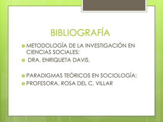 BIBLIOGRAFÍA
 METODOLOGÍA

DE LA INVESTIGACIÓN EN
CIENCIAS SOCIALES:
 DRA. ENRIQUETA DAVIS.
 PARADIGMAS

TEÓRICOS EN SOCIOLOGÍA:
 PROFESORA. ROSA DEL C. VILLAR

 