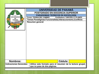 UNIVERSIDAD DE PANAMÁ
POSTGRADO EN DOCENCIA SUPERIOR
PARADIGMAS TEÓRICOS EN SOCIOLOGÍA
Curso: TEORIA DEL CAMBIO

Facilitadora: YARYZELLY PLANES

Temas:Paradigmas:Funcionalista,Interaccionismo,Conflicto
Resumen general:

Nombres:
Indicaciones Generales:

Cédula:
Utilice este formato para el resumen de la lectura grupal,
que no pase de dos páginas.

 