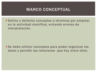 MARCO CONCEPTUAL

 Define y delimita conceptos o términos por emplear
  en la actividad científica, evitando errores de
  interpretación.




 Se debe utilizar conceptos para poder organizar los
  datos y percibir las relaciones que hay entre ellos.
 