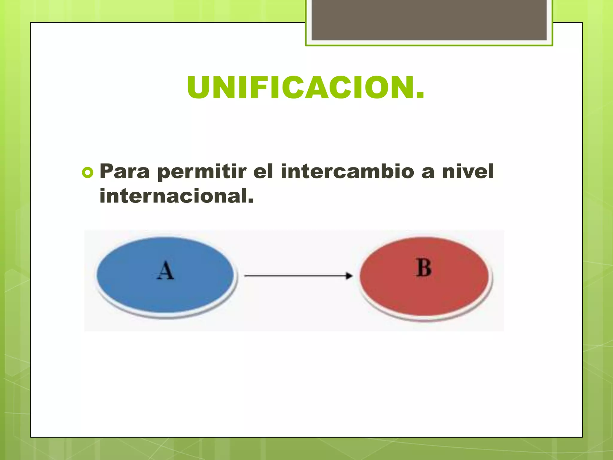 UNIFICACION.
 Para permitir el intercambio a nivel
internacional.
 