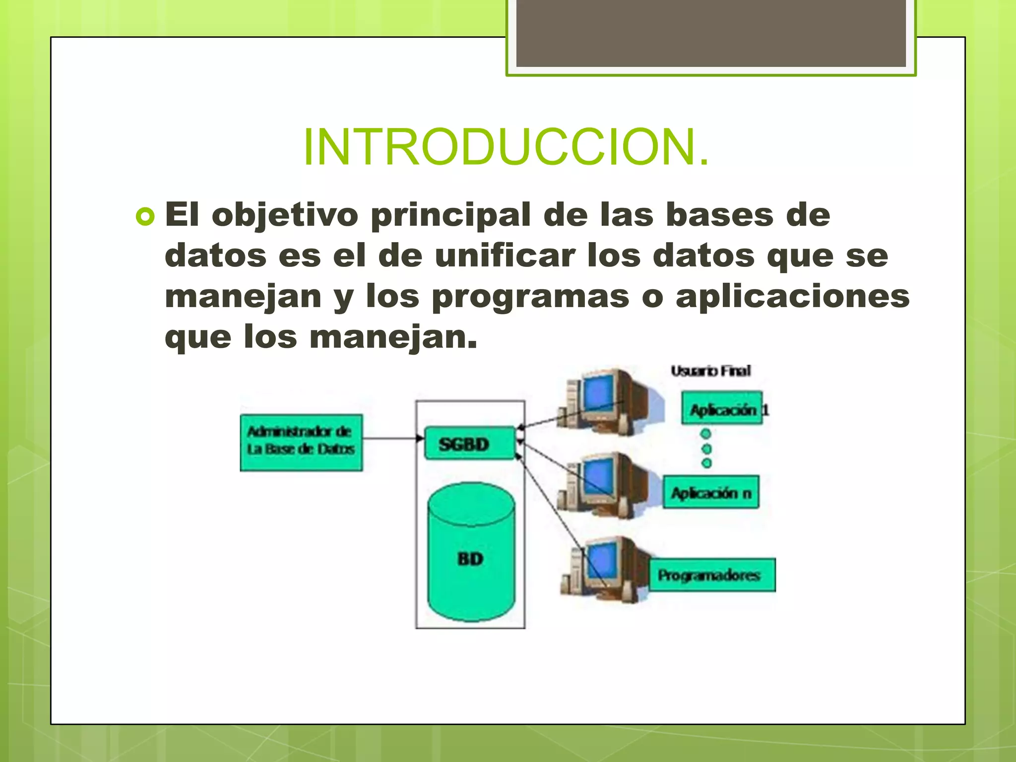 INTRODUCCION.
 El objetivo principal de las bases de
datos es el de unificar los datos que se
manejan y los programas o aplicaciones
que los manejan.
 