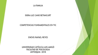 LA FAMILIA
DORA LUZ CANO BETANCURT
COMPETENCIAS FUNDAMENTALES EN TIC
ENEVIS RAFAEL REYES
UNIVERSIDAD CATÓLICA LUIS AMIGÓ
FACULTAD DE PSICOLOGIA
ANTIOQUIA 2018
1
 