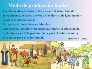 Modo de producción feudal
En este modelo de producción aparece el señor feudal o
terrateniente, es decir, dueños de las tierras, de igual manera
aparece el campesinado.
Surgen en el, tres clases sociales, los
campesinos, feudales y monarquías. Sucede la abolición del
esclavismo y en el la producción es para el autoconsumo y
otra parte para el señor feudal. Mendoza, C. (2012)
 