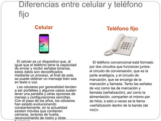 Diferencias entre celular y teléfono
fijo
Celular Teléfono fijo
El celular es un dispositivo que, al
igual que el teléfono tiene la capacidad
de enviar y recibir señales binarias,
estos datos son decodificados
mediante un proceso, al final de este,
se puede obtener un mensaje bien sea
en texto o voz.
Los celulares por generalidad tienden
a ser portátiles y algunos casos suelen
tener una pantalla y otras opciones de
manejo y configuraciones sencillas.
Con el paso de los años, los celulares
han estado evolucionando
constantemente, en la actualidad
existen móviles que contienen
cámaras, lectores de huella,
reconocimiento de rostro y otras
El teléfono convencional está formado
por dos circuitos que funcionan juntos:
el circuito de conversación, que es la
parte analógica, y el circuito de
marcación, que se encarga de la
marcación y llamada. Tanto las señales
de voz como las de marcación y
llamada (señalización), así como la
alimentación, comparten el mismo par
de hilos; a esto a veces se le llama
«señalización dentro de la banda (de
voz)».
 