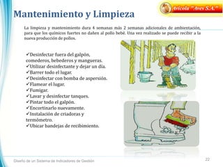 Mantenimiento y Limpieza
22
Diseño de un Sistema de Indicadores de Gestión
Avícola "Aves S.A."
La limpieza y mantenimiento dura 4 semanas más 2 semanas adicionales de ambientación,
para que los químicos fuertes no dañen al pollo bebé. Una vez realizado se puede recibir a la
nueva producción de pollos.
Desinfectar fuera del galpón,
comederos, bebederos y mangueras.
Utilizar desinfectante y dejar un día.
Barrer todo el lugar.
Desinfectar con bomba de aspersión.
Flamear el lugar.
Fumigar.
Lavar y desinfectar tanques.
Pintar todo el galpón.
Encortinarlo nuevamente.
Instalación de criadoras y
termómetro.
Ubicar bandejas de recibimiento.
 