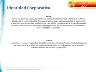 Identidad Corporativa
Diseño de un Sistema de Indicadores de Gestión 7
Avícola "Aves
S.A."
Misión
Somos una Empresa Avícola, cuya actividad principal es la incubación, crianza y su posterior
distribución y comercialización. Brindamos nuestro mayor esfuerzo para lograr los mejores
productos, en un ambiente de trabajo seguro y agradable, contribuyendo al desarrollo personal
de todos y cada uno de los integrantes de la organización, de nuestros clientes, proveedores, y
de la sociedad en su conjunto.
Visión
Avanzar en el camino emprendido donde las metas son: eficiencia, Optima Calidad y Excelencia
en todos nuestros productos y servicios, promoviendo integralmente en nuestra gestión
comportamientos socialmente responsables.
 