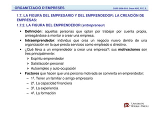 ORGANITZACIÓ D’EMPRESES                                CURS 2009-2010. Graus ADE, FYC, E.



1.7. LA FIGURA DEL EMPRESARIO Y DEL EMPRENDEDOR: LA CREACIÓN DE
EMPRESAS:
1.7.2. LA FIGURA DEL EMPRENDEDOR (entrepreneur)
    Definición: aquellas personas que optan por trabajar por cuenta propia,
    arriesgándose a montar o crear una empresa.
    Intraemprendedor: individuo que crea un negocio nuevo dentro de una
    organización en la que presta servicios como empleado o directivo.
    ¿Qué lleva a un emprendedor a crear una empresa?: sus motivaciones son
    tres principalmente:
         Espíritu emprendedor
         Satisfacción personal
         Autoempleo y auto-ocupación
    Factores que hacen que una persona motivada se convierta en emprendedor:
      – 1º. Tener un familiar o amigo empresario
      – 2º. La capacidad financiera
      – 3º. La experiencia
      – 4º. La formación
 