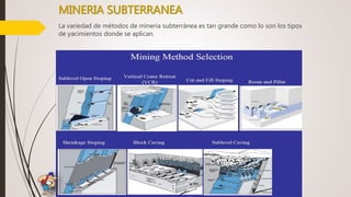 MINERIA SUBTERRANEA
La variedad de métodos de minería subterránea es tan grande como lo son los tipos
de yacimientos donde se aplican.
 