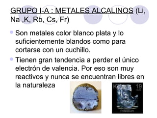 GRUPO I-A : METALES ALCALINOS (Li,
Na ,K, Rb, Cs, Fr)
Son metales color blanco plata y lo
suficientemente blandos como para
cortarse con un cuchillo.
Tienen gran tendencia a perder el único
electrón de valencia. Por eso son muy
reactivos y nunca se encuentran libres en
la naturaleza
 