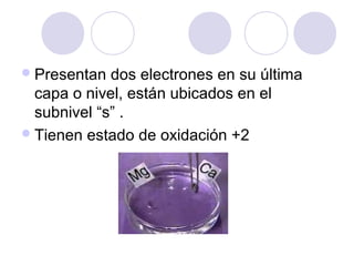 Presentan dos electrones en su última
capa o nivel, están ubicados en el
subnivel “s” .
Tienen estado de oxidación +2
 