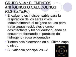 GRUPO VI-A : ELEMENTOS
ANFÍGENOS O CALCÓGENOS
(O,S,Se,Te,Po)
El oxígeno es indispensable para la
respiración de los seres vivos.
Industrialmente el oxígeno se usa para
tratar aguas residuales y como
desinfectante y blanqueador cuando se
encuentra formando el peróxido de
hidrógeno (agua oxigenada)
Tienen seis electrones en su última capa
o nivel.
Su valencia principal es –2
 