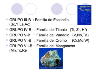  GRUPO III-B : Familia de Escandio
(Sc,Y,La,Ac)
 GRUPO IV-B : Familia del Titanio (Ti, Zr, Hf)
 GRUPO V-B : Familia del Vanadio (V,Nb,Ta)
 GRUPO VI-B : Familia del Cromo (Cr,Mo,W)
 GRUPO VII-B : Familia del Manganeso
(Mn,Tc,Re
 
