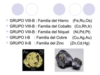  GRUPO VIII-B : Familia del Hierro (Fe,Ru,Os)
 GRUPO VIII-B : Familia del Cobalto (Co,Rh,Ir)
 GRUPO VIII-B : Familia del Níquel (Ni,Pd,Pt)
 GRUPO I-B : Familia del Cobre (Cu,Ag,Au)
 GRUPO II-B : Familia del Zinc (Zn,Cd,Hg)
 