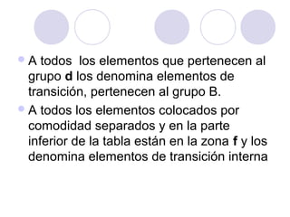 A todos los elementos que pertenecen al
grupo d los denomina elementos de
transición, pertenecen al grupo B.
A todos los elementos colocados por
comodidad separados y en la parte
inferior de la tabla están en la zona f y los
denomina elementos de transición interna
 
