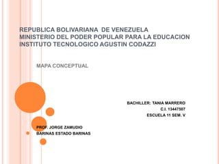 REPUBLICA BOLIVARIANA DE VENEZUELA
MINISTERIO DEL PODER POPULAR PARA LA EDUCACION
INSTITUTO TECNOLOGICO AGUSTIN CODAZZI
MAPA CONCEPTUAL
BACHILLER: TANIA MARRERO
C.I. 13447507
ESCUELA 11 SEM. V
PROF. JORGE ZAMUDIO
BARINAS ESTADO BARINAS
 
