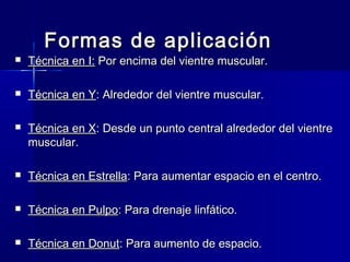 Formas de aplicaciónFormas de aplicación
 Técnica en I:Técnica en I: Por encima del vientre muscular.Por encima del vientre muscular.
 Técnica en YTécnica en Y: Alrededor del vientre muscular.: Alrededor del vientre muscular.
 Técnica en XTécnica en X: Desde un punto central alrededor del vientre: Desde un punto central alrededor del vientre
muscular.muscular.
 Técnica en EstrellaTécnica en Estrella: Para aumentar espacio en el centro.: Para aumentar espacio en el centro.
 Técnica en PulpoTécnica en Pulpo: Para drenaje linfático.: Para drenaje linfático.
 Técnica en DonutTécnica en Donut: Para aumento de espacio.: Para aumento de espacio.
 