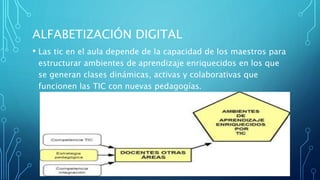 ALFABETIZACIÓN DIGITAL 
• Las tic en el aula depende de la capacidad de los maestros para 
estructurar ambientes de aprendizaje enriquecidos en los que 
se generan clases dinámicas, activas y colaborativas que 
funcionen las TIC con nuevas pedagogías. 
 