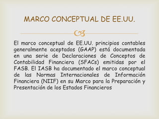 MARCO CONCEPTUAL DE EE.UU.

                       
El marco conceptual de EE.UU. principios contables
generalmente aceptados (GAAP) está documentada
en una serie de Declaraciones de Conceptos de
Contabilidad Financiera (SFACs) emitidas por el
FASB. El IASB ha documentado el marco conceptual
de las Normas Internacionales de Información
Financiera (NIIF) en su Marco para la Preparación y
Presentación de los Estados Financieros
 