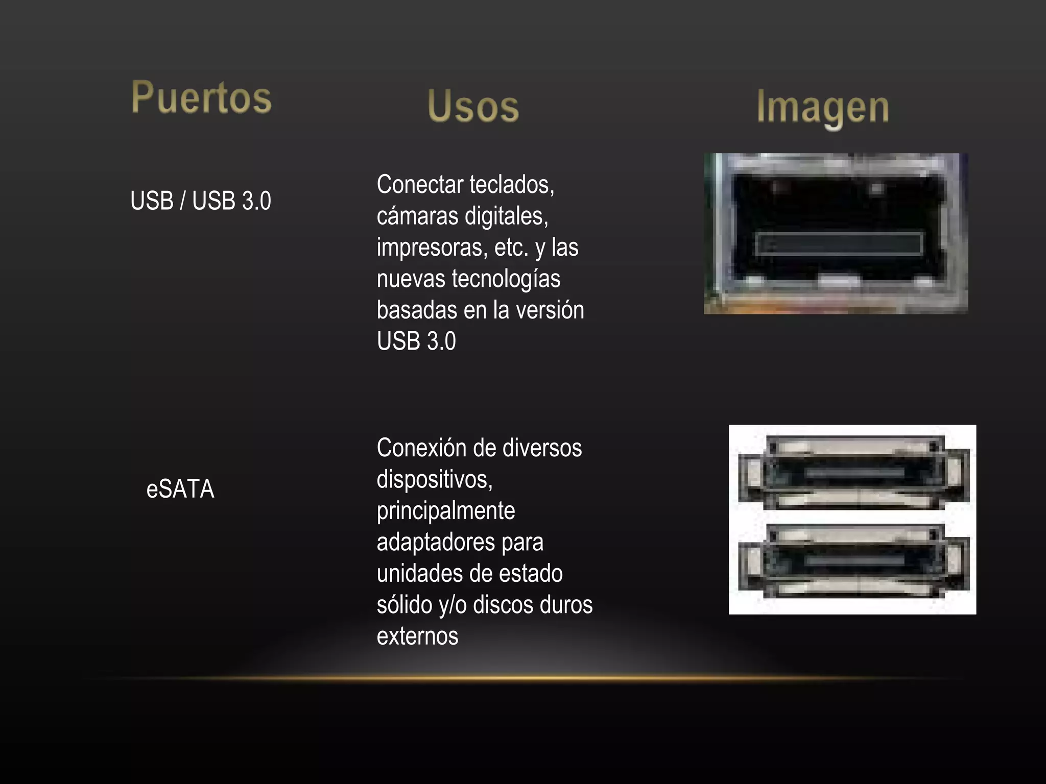 USB / USB 3.0 Conectar teclados, cámaras digitales, impresoras, etc. y las nuevas tecnologías basadas en la versión USB 3.0 eSATA Conexión de diversos dispositivos, principalmente adaptadores para unidades de estado sólido y/o discos duros externos 