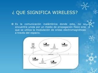 ¿ QUE SIGNIFICA WIRELESS?
 Es la comunicación inalámbrica donde esta, no se
encuentra unida por un medio de propagación físico sino
que se utiliza la modulación de ondas electromagnéticas
a través del espacio.
 
