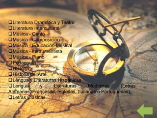 Literatura Dramática y Teatro
Literatura Intercultural
Música - Canto
Música - Composición
Música - Educación Musical
Música - Instrumentista
Música - Piano
Pedagogía
Historia
Historia del Arte
Lengua y Literaturas Hispánicas
Lengua y Literaturas Modernas (Letras
Alemanas, Francesas, Inglesas, Italianas o Portuguesas)
Letras Clásicas
 