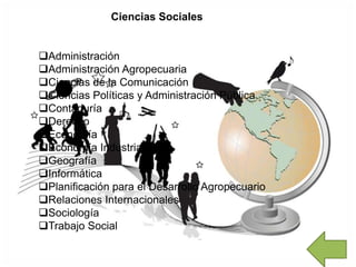 Ciencias Sociales
Administración
Administración Agropecuaria
Ciencias de la Comunicación
Ciencias Políticas y Administración Pública
Contaduría
Derecho
Economía
Economía Industrial
Geografía
Informática
Planificación para el Desarrollo Agropecuario
Relaciones Internacionales
Sociología
Trabajo Social
 