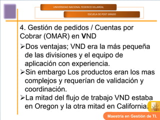 UNIVERSIDAD NACIONAL FEDERICO VILLAREAL

                                    ESCUELA DE POST GRADO




4. Gestión de pedidos / Cuentas por
Cobrar (OMAR) en VND
Dos ventajas; VND era la más pequeña
  de las divisiones y el equipo de
  aplicación con experiencia.
Sin embargo Los productos eran los mas
  complejos y requerían de validación y
  coordinación.
La mitad del flujo de trabajo VND estaba
  en Oregon y la otra mitad en California.
                                                    Maestría en Gestión de TI.
 