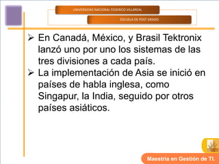 UNIVERSIDAD NACIONAL FEDERICO VILLAREAL

                                    ESCUELA DE POST GRADO




 En Canadá, México, y Brasil Tektronix
  lanzó uno por uno los sistemas de las
  tres divisiones a cada país.
 La implementación de Asia se inició en
  países de habla inglesa, como
  Singapur, la India, seguido por otros
  países asiáticos.




                                                    Maestría en Gestión de TI.
 