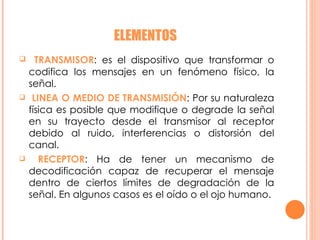 ELEMENTOS  TRANSMISOR : es el dispositivo que transformar o codifica los mensajes en un fenómeno físico, la señal. LINEA O MEDIO DE TRANSMISIÓN : Por su naturaleza física es posible que modifique o degrade la señal en su trayecto desde el transmisor al receptor debido al ruido, interferencias o distorsión del canal. RECEPTOR : Ha de tener un mecanismo de decodificación capaz de recuperar el mensaje dentro de ciertos límites de degradación de la señal. En algunos casos es el oído o el ojo humano. 