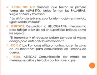 1.700-1.500 A.C  Símbolos que fueron la primera forma de ALFABETO, juntos forman las PALABRAS. Surgió en Siria y Palestina. “   La distancia sobre la cual la información es movida, sigue siendo limitada”. GRIEGOS . Desarrollan la HELIOGRAFIA (mecanismo para reflejar la luz del sol en superficies brillosas como los espejos) “ El transmisor y el receptor deben conocer el mismo código para entender la información”. 430 D.C  Los Romanos utilizaron antorchas en la cima de las montañas para comunicarse en tiempos de guerra. 1500s.  AZTECAS Comunicación por medio de mensajes escritos y llevados por hombres a pie.  