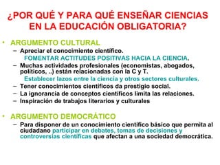 ¿POR QUÉ Y PARA QUÉ ENSEÑAR CIENCIAS
EN LA EDUCACIÓN OBLIGATORIA?
• ARGUMENTO CULTURAL
– Apreciar el conocimiento científico.
FOMENTAR ACTITUDES POSITIVAS HACIA LA CIENCIA.
– Muchas actividades profesionales (economistas, abogados,
políticos, ..) están relacionadas con la C y T.
Establecer lazos entre la ciencia y otros sectores culturales.
– Tener conocimientos científicos da prestigio social.
– La ignorancia de conceptos científicos limita las relaciones.
– Inspiración de trabajos literarios y culturales

• ARGUMENTO DEMOCRÁTICO
– Para disponer de un conocimiento científico básico que permita al
ciudadano participar en debates, tomas de decisiones y
controversias científicas que afectan a una sociedad democrática.

 