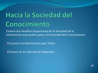 Existen dos desafíos importantes de la Sociedad de la
Información para poder pasar a la Sociedad del Conocimiento

•El acceso a la Información para Todos


•El futuro de la Libertad de Expresión



                                                              18
 
