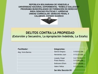 REPÚBLICA BOLIVARIANA DE VENEZUELA
UNIVERSIDAD NACIONAL EXPERIMENTAL “RÓMULO GALLEGOS”
PROGRAMA MUNICIPALIZADO DE FORMACIÓN EN DERECHO
ÁREA CIENCIAS POLÍTICAS Y JURÍDICAS
UNIDAD CURRICULAR: DERECHO PENAL II
CALABOZO, ESTADO GUÁRICO
DELITOS CONTRA LA PROPIEDAD
(Extorsión y Secuestro, La Apropiación Indebida, La Estafa)
Facilitador: Integrantes:
Abg. Vicris Barrios García Gregory V-16.912.334
Hernández Juan V-13.237.600
Losada, Ángel V-4.719.683
Prieto Rebeca V-15.480.038
Solórzano Efraín V-12.476.030
Valero Yelitza V-17.373.918
3er Año Sección 03
 