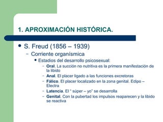 1. APROXIMACIÓN HISTÓRICA.

 S.   Freud (1856 – 1939)
  –    Corriente organísmica
         Estadios   del desarrollo psicosexual:
           –   Oral. La succión no nutritiva es la primera manifestación de
               la libido
           –   Anal. El placer ligado a las funciones excretoras
           –   Fálico. El placer localizado en la zona genital. Edipo –
               Electra
           –   Latencia. El “ súper – yo” se desarrolla
           –   Genital. Con la pubertad los impulsos reaparecen y la libido
               se reactiva
 