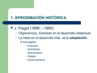 1. APROXIMACIÓN HISTÓRICA.

 J.   Piaget (1896 – 1980)
  –    Organísmico. Centrado en el desarrollo intelectual.
  –    La meta en el desarrollo Intel. es la adaptación.
         Conceptos:
           –   Esquema
           –   Asimilación
           –   Acomodación
           –   Estadio
           –   Constructivismo
 